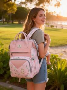 1pc Cartoon Floral Pattern Mommy Backpack, Bottle Bag, Printed Stroller Diaper Bag, Multifunctional Tote Bag, Suitable For Outings, Vacations, Shopping, Daily Commute And More - Multicolor - View 1