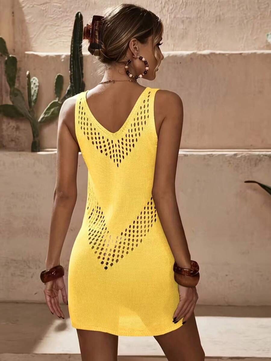Hollow Geometric Pattern Knitted Cover Up, Vacation Spring/Summer Knitted Dress, Women Beach Sleeveless Knit Tank Top, Mini Beach Dress - Yellow - View 1