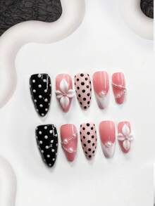 Bộ 10 móng giả chấm bi, móng dán acrylic, họa tiết chấm bi đen trắng cổ điển, hoa trắng 4 cánh vẽ tay, trang trí bằng hạt bạc, sơn móng tay màu hồng và đen, phong cách dễ thương và tinh nghịch, bao gồm dụng cụ làm móng (1 miếng dán gel + 1 dũa móng), 3 kích cỡ để lựa chọn. - Nhiều màu - Xem 16
