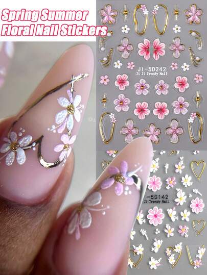 2pcs 5D Embossed Floral Gold French Lines Nail Stickers | Self-Adhesive Gradient Pink Cherry Blossom, Hibiscus, Daisy Nail Decals For Spring Summer Decoration, PVC Material