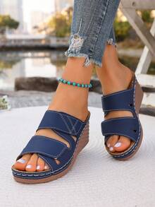 Dép xăng đan đế xuồng dày dặn, kiểu dáng thời trang ngoài trời dành cho nữ, có khóa dán, thích hợp cho mùa xuân/hè. - Màu xanh hải quân - Xem 2