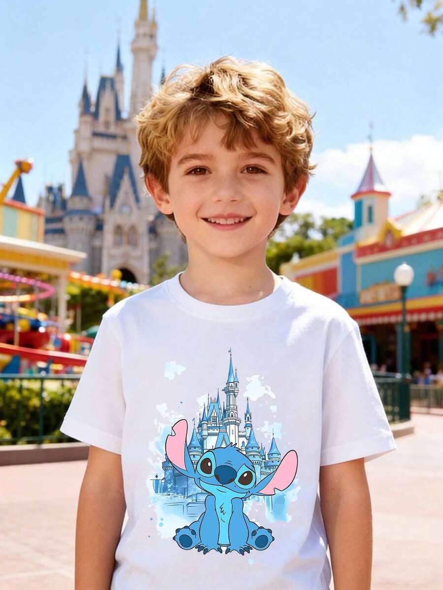Disney Boys' T-Shirt, Creative Disney Castle Stitch Pattern Print, Summer Boys' Cotton Crew Neck Short Sleeve, Suitable For Everyday Wear, Holidays, Outdoor Activities, And As A Gift For Children. - 白色 - 查看 1