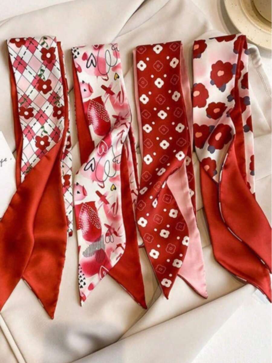 1 chiếc khăn quàng cổ dài màu đỏ, kiểu dáng thanh lịch, có thể dùng làm thắt lưng hoặc cà vạt chuyên nghiệp, khăn nhỏ thời trang họa tiết hoa đỏ dành cho nữ mùa xuân/hè, phụ kiện trang trí, quà tặng (Kiểu dáng được gửi ngẫu nhiên) - Đỏ - Xem 1