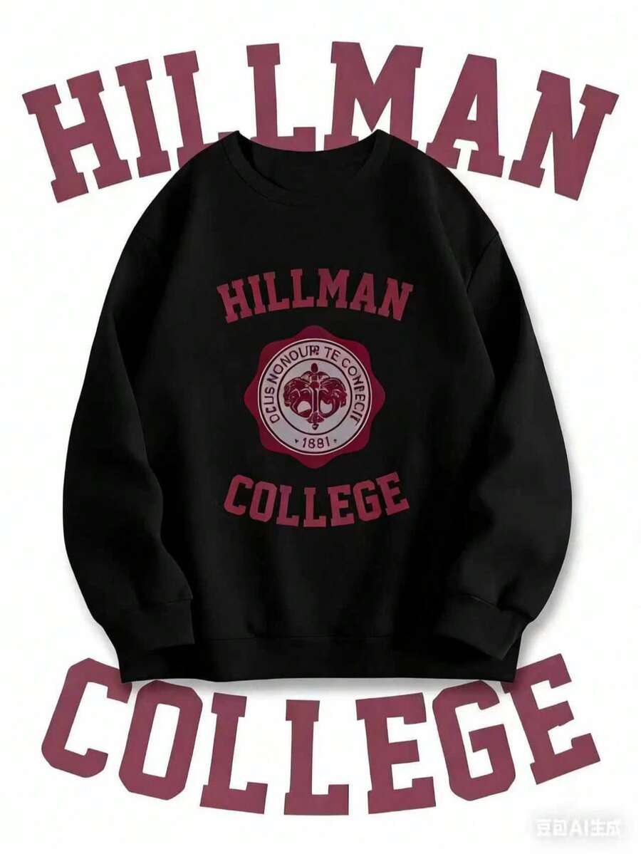 Hillman College Graphic Sweatshirt With College Emblem Printwinter Clothes For Women - Black - View 1
