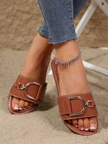 Plus Size Women Comfortable Simple Round Toe Metal Buckle Printed Slip-On Flat Sandals, Casual Fashion Outdoor Vacation Beach Summer Shoes - Brown - View 3