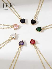 Hihho 1 chiếc dây chuyền mặt hình trái tim đính đá Zirconia nhiều màu sắc, kiểu dáng cổ điển, đa năng, thích hợp làm quà tặng cho bạn gái. - Vàng - Xem 4