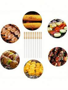 6/10/12/20/24pcs Stainless Steel Barbecue Skewers, Multi-Purpose Metal Grill Kebab Sticks With Wooden Handles, Barbecue Needles, Outdoor Cooking, Grilling Accessories - Default - View 9