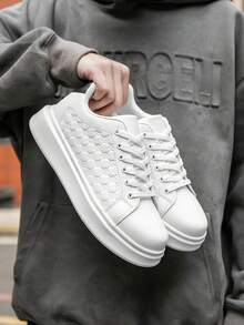 Men's Personalized Couple Style Black & White Contrast Random Embossed Design Casual Sneakers, Fashion Minimalist Lace-Up Classic Leather Comfortable Casual Walking Shoes - White and Black - View 7