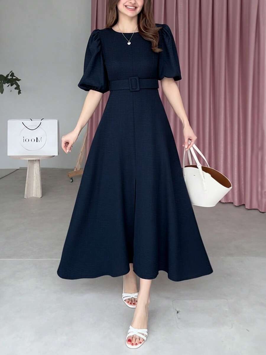 ANCHOSE Women's Elegant Cinched Waist Puff Sleeve Black Casual Dress, Versatile For Daily Wear, Spring/Summer - Navy Blue - View 1