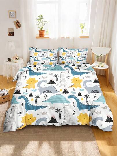 Juego de ropa de cama de 2/3 piezas con patrón de dinosaurio de dibujos animados - Funda de edredón y funda de almohada de microfibra suave, adecuado para niños y niñas, patrón de dinosaurio azul/amarillo, decoración de dormitorio (tamaño individual/doble/queen), de moda, colorido, adorable, regalo ideal para él/ella