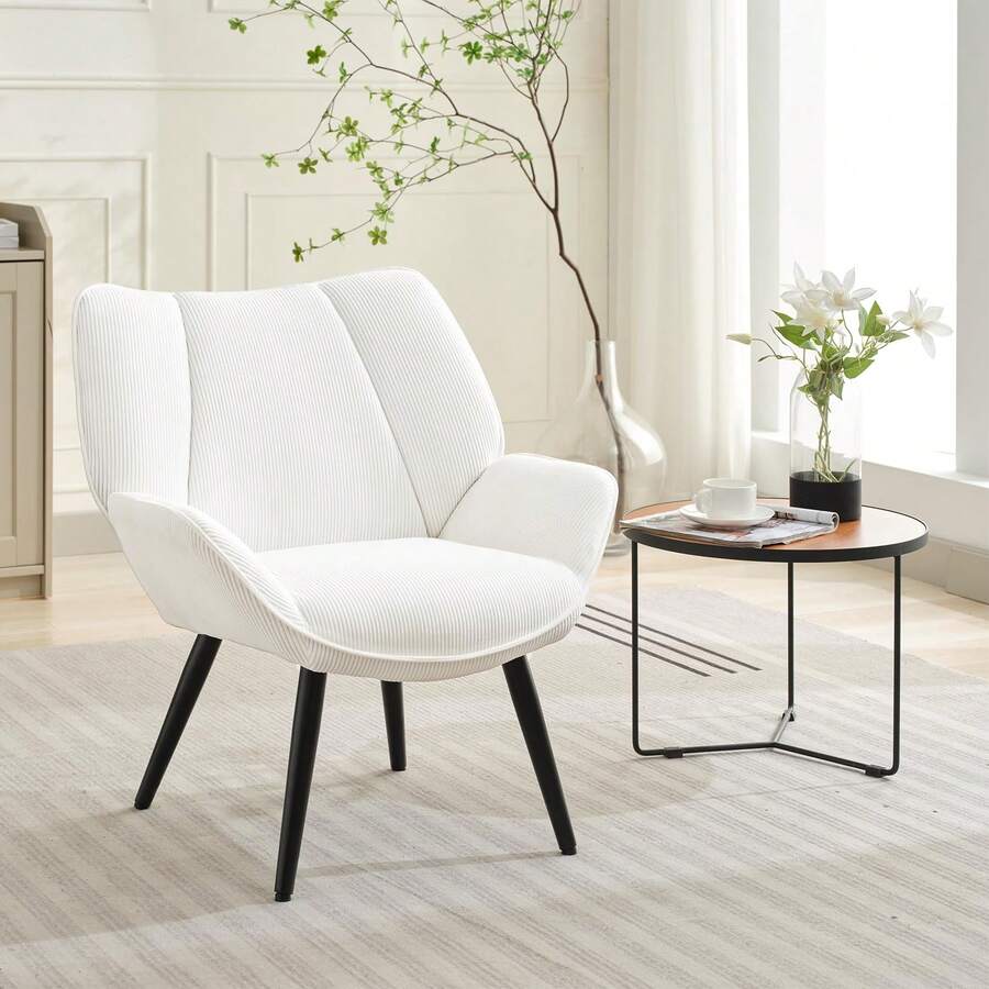 Sillón Tapizado de Pana Texturizada Moderno Patillas Negras Ahusadas Ancho 27.76" para Sala Dormitorio Oficina (Blanco) - Blanco - Ver 1