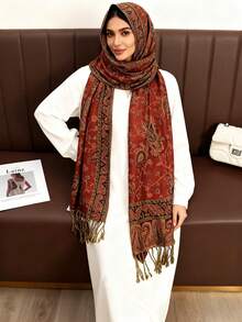 1pc Women's Elegant Cashew Pattern Fashion Warm Printed Scarf, Classic Paisley Hijab And Shawl Hijab For Abaya - Angola Red - View 2