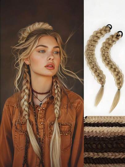 2个棕色和黑色编织合成发马尾发圈，适合日常佩戴和派对场合