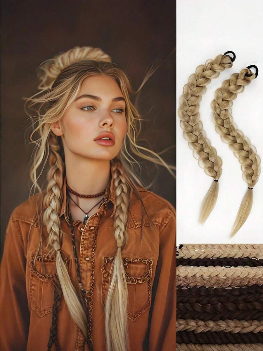 2个棕色和黑色编织合成发马尾发圈，适合日常佩戴和派对场合 - 彩色 - 查看 1