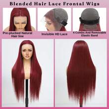 34英寸 13x4 200%密度直发蕾丝前假发 - 巴西原生预拔直发透明高清蕾丝前假发，无需胶水 - #BUG 酒红色 #99J 酒红色假发，无需胶水，即戴即用，无需胶水，无需技巧，预先修剪真发，中分直发假发，人发混纺假发，无需胶水，女士编织假发 - 自然外观 - SBUG/99J - 查看 3