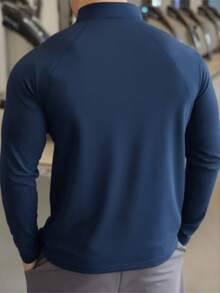 Men's Navy Blue Stand Collar Fitness Sweatshirt, Half-Zip Long Sleeve, Quick-Dry Breathable Slim Fit, Suitable For Cycling, Running, Gym Training - Navy Blue - View 2