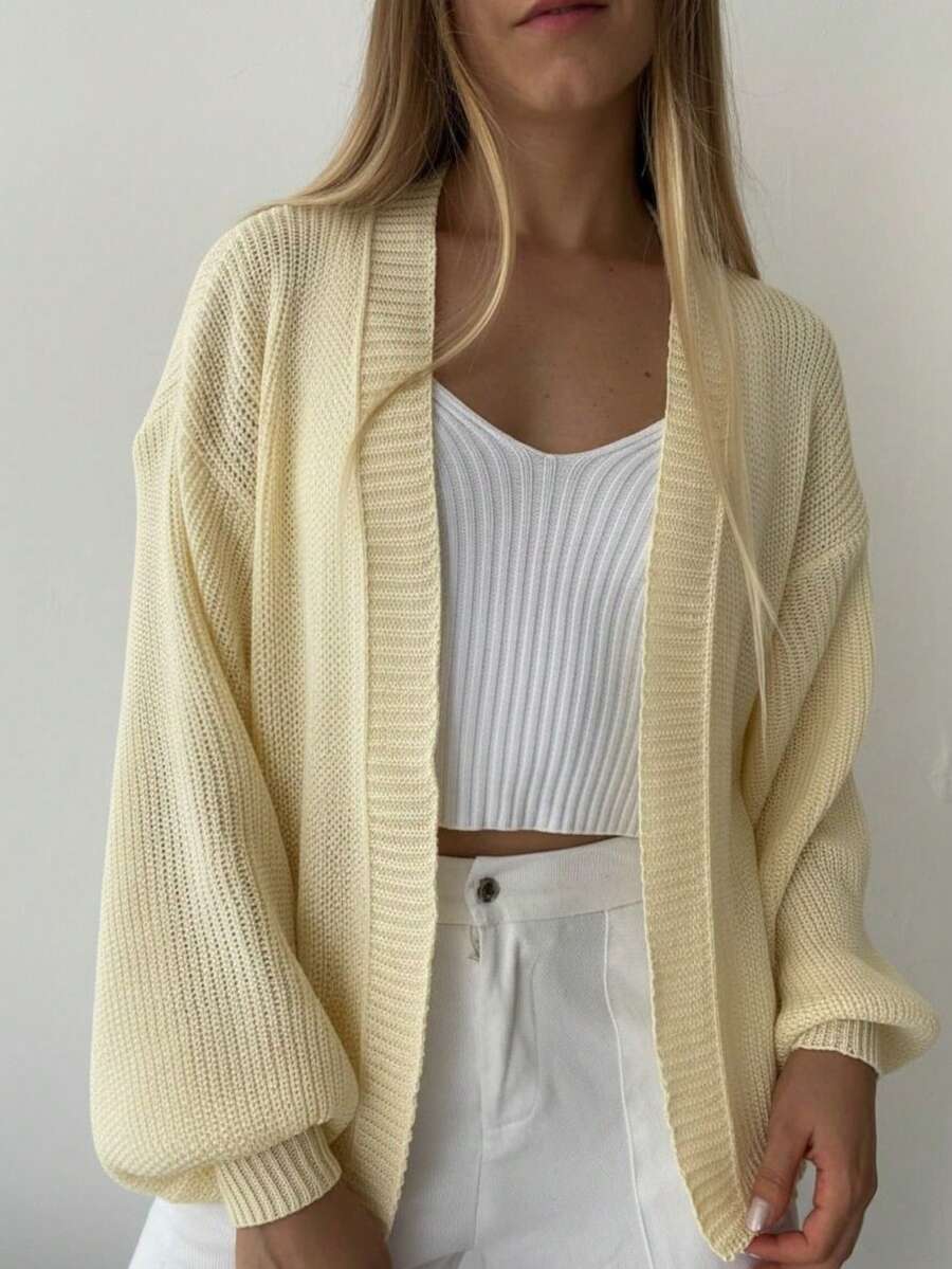 Basic Knit Jacket With Puff Sleeves - Candy Yellow - View 1