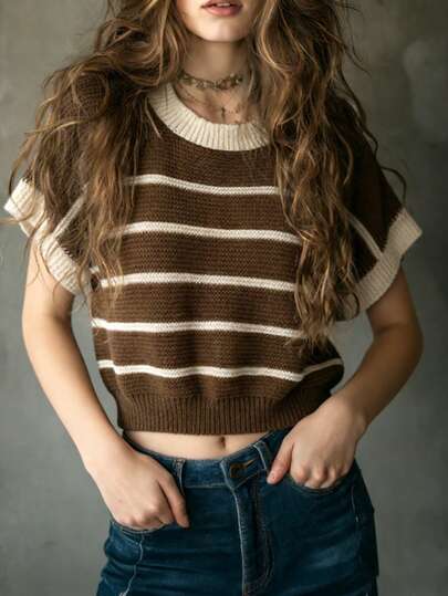 Sea Starshine 春夏新品系列：简约都市休闲女式撞色条纹圆领套头针织短袖毛衣（常规版型）