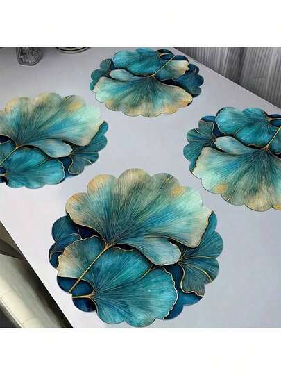 2/4/6/8 Pcs 13.8 Inch Ginkgo Leaf & Blue Gold Pattern White Placemats, Washable Non-Slip Heat-Resistant Woven Polyester, Round Non-Slip, Suitable For Home & Holiday Decor, Fit For Daily Dining, Halloween, Christmas, Outdoor Party, Banquet - Elegant Tabletop Decor, Holiday Dining Accessory | Shiny Tableware | Polyester Placemats, Tablecloths, High Quality