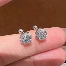 1 Piece Of Sterling Silver Sparkling Light Luxury Style Round Four-Claw Zirconia Earrings For Women, Fashionable And Temperament, Screw Twist Buckle Anti-Falling Earrings - Four-claw Screw Earrings - View 2