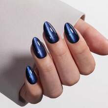 VSALON Press On Nails Short Almond - Blue Cat Eye Chrome Glitter Sparkly Glue On Nails Kit, Reusable Opaque Gel Magnetic Effect Fake Nails With Glue - In 16 Sizes 32 Stick On Nails Gifts For Women - MàuB - Xem 3