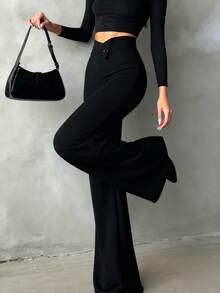 Women's Solid Black Casual Elegant Straight-Leg Pants, Back To School Asymmetrical V-Shaped Waistline Accentuates Curves, Suitable For Daily Wear, Office Commute, Dates, Holidays - Black - View 6