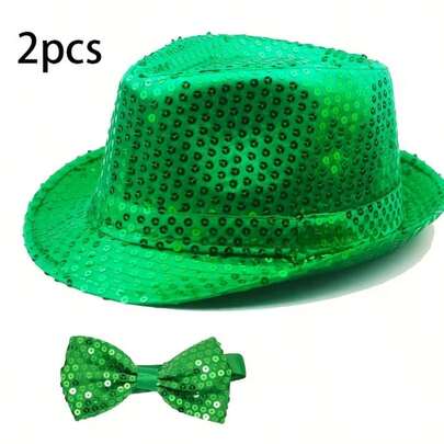 Set de 2 piezas: Pajarita con lentejuelas y sombrero de estilo elegante para fiesta del Día de San Patricio, unisex