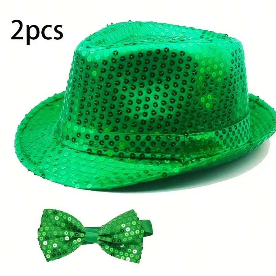 2pcs/Set St. Patrick's Day Party Unisex Stylish Sequin Bow Tie And Hat - Multicolor - View 1