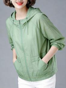 Abrigo convencional para mujeres Chaqueta ligera de manga larga con capucha, color liso, corta y con protección solar, con bolsillos. Ropa deportiva informal para exteriores para primavera, otoño y verano. Prendas de abrigo para mujer. - Verde - Ver 3