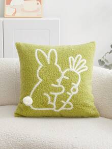 1pc Easter Bunny & Carrot Embroidered Decorative Pillow Cover, Made Of Granular Teddy Plush Fabric With Handmade Pom Poms, Ideal For Home Sofa Decor, Bedroom, Chair, Car Accessories, Pillow Insert Not Included - Multicolor - View 12