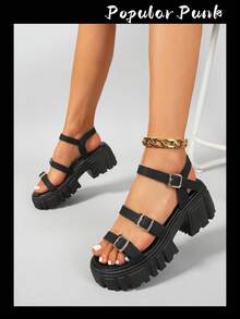 Giày sandal đế dày phong cách Punk dành cho nữ, kiểu dáng La Mã, có quai cài, thích hợp cho đi làm hàng ngày, tụ họp, tiệc tùng, đi biển ngoài trời vào mùa hè. - màu đen - Xem 2