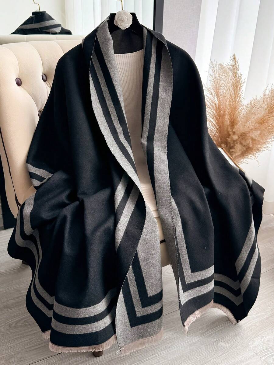 1pc New Autumn/Winter Minimalist Striped Soft Thick Double-Sided Scarf, Elegant Versatile Contrast Color Long Shawl Wrap - Black - View 1