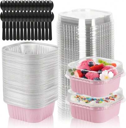 CXIIPOL 35 Pack 5 OZ Square Mini Baking Pans With Lids, 3.5x3.5 Inch Mini Cake Tins, Aluminum Foil Baking Cups Disposable Cake Containers For Party, Wedding, Birthdays, Pink