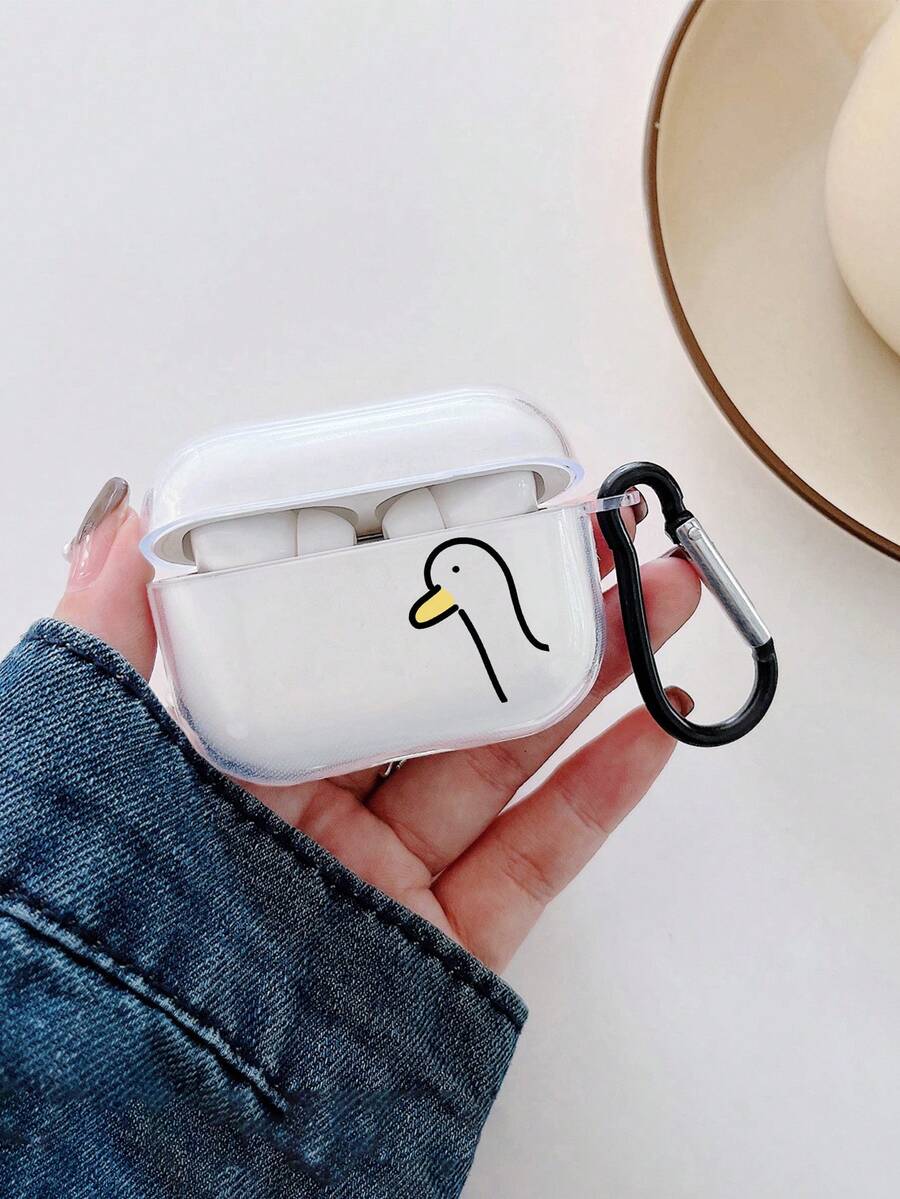 1个鸭子图案透明TPU耳机保护套，带黑色挂钩，兼容苹果1/2、Pro、3、Pro（第二代）、4、Pro 3（仅含耳机保护套，不含耳机） - 無色 - 查看 1
