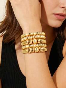 5PCS Chunky Bangles Bracelets For Women Gold Plated Stackable Layered Curved Bamboo Tube Stretch Bracelets Bangle Gift