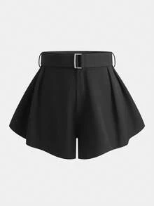 Women's Fashionable Wide Leg Shorts With Buckle Belt, Novel Design, Non-Stretch - Black - View 1