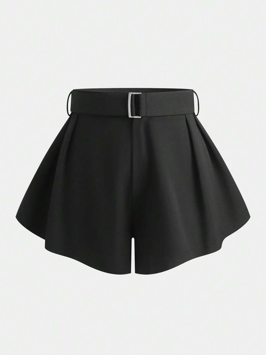 Women's Fashionable Wide Leg Shorts With Buckle Belt, Novel Design, Non-Stretch - Black - View 1