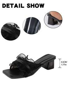 女士方头黑色网面优雅套脚高跟凉鞋，夏季新款时尚简约荷叶边设计粗跟凉鞋，适合搭配连衣裙、约会和通勤。 - 黑色 - 查看 2