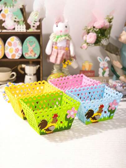1pc Easter Egg Basket With Rabbit And Chick Patterns, Made Of Durable Polyester Fabric, Comes With Non-Woven Gift Bag, Suitable For Easter Egg Hunting, Decoration, Office Decor, Theme Party, Easter Decoration