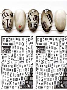 2pcs Retro Letter Nail Art Stickers, Self-Adhesive 3D Nail Stickers, Black Letter Nail Art Decals, Nail Art Accessories, Women DIY - 彩色 - 查看 4