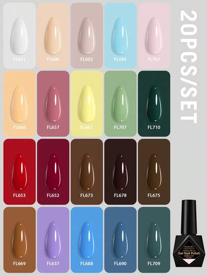  20支/套 FOUR LILY 10ml 凝胶指甲油套装，彩色凝胶指甲油套装，可卸/LED凝胶指甲油，适合家庭美甲沙龙圣诞节DIY美甲