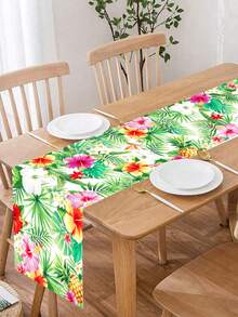 1pc Hawaiian Style Table Runner, Polyester Floral & Palm Leaf Pattern Table Runner, Hawaiian Theme Party Table Cloth, Holiday Birthday Wedding Party Decor Table Cloth, Summer Indoor Outdoor Party Supplies - Hawaiian Flowers - View 4