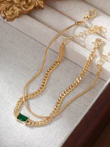 2pcs/Set Multi-Layer Gold Snake Chain Bracelet With Sparkling Green Rectangular Zirconia Stones, Layered Bracelet Jewelry Gift For Women - Yellow Gold - View 8