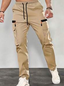 1 chiếc quần cargo nam màu kaki, cạp chun, khóa kéo, dáng rộng, nhiều túi, chất liệu nhẹ, thích hợp cho việc đi lại hàng ngày. - Màu Khaki - Xem 3