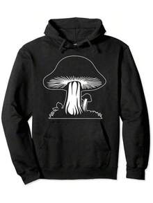 Men Clothes Men's AutumnWinter SweatshirtBig Mushroom Pattern Print Pocket Hoodie, Casual Long-Sleeved Drawstring Hoodie, Comfortable And Suitable For Autumn And Winter, Unisex Hooded Sweatshirt Suitable For Work Or Everyday Wear,Fall Boyfriend Gift - 黑色 - 查看 1