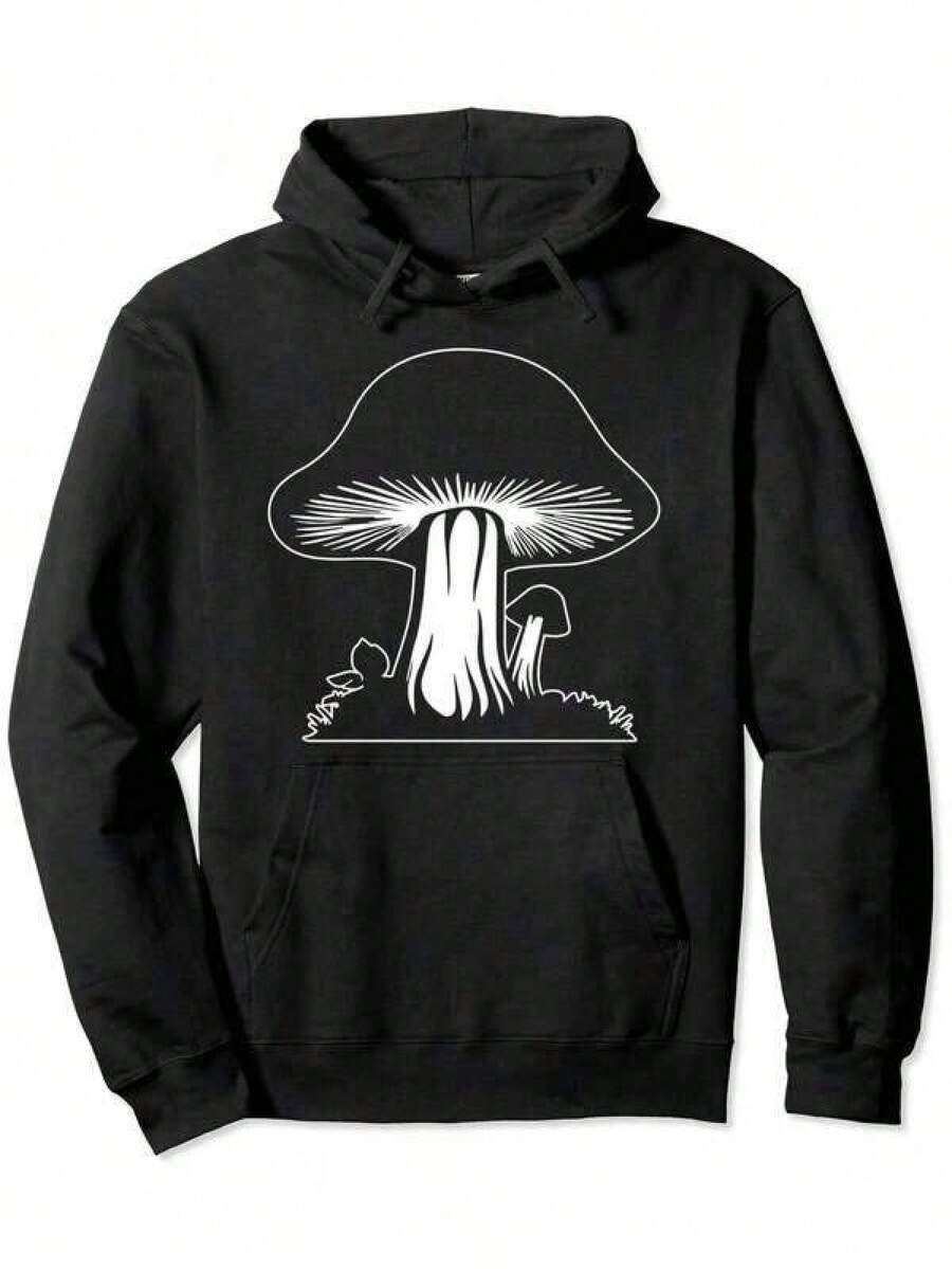 Men Clothes Men's AutumnWinter SweatshirtBig Mushroom Pattern Print Pocket Hoodie, Casual Long-Sleeved Drawstring Hoodie, Comfortable And Suitable For Autumn And Winter, Unisex Hooded Sweatshirt Suitable For Work Or Everyday Wear,Fall Boyfriend Gift - 黑色 - 查看 1