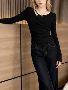 Blusa de mujer Camiseta interior de manga larga de color liso con diseño de botones falsos de punto Camiseta asimétrica de manga larga con pliegues Prenda de entretiempo para mujer, ideal para primavera y otoño - Negro - Ver 6