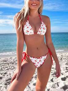 Women's Floral & Plant Print Tie-Back Backless Bikini Set, Cute Beach Vacation - White - View 1
