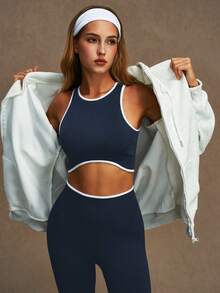 VVX 女士健身套装两件套，撞色拼接露背运动文胸，带可拆卸胸垫，收腹提臀，高腰紧身裤，无缝瑜伽服套装，撞色滚边，适合健身房、运动、休闲日常穿着，四季皆宜 - 藏蓝色 - 查看 3