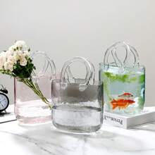 1件INS风玻璃花瓶手提包，透明玻璃手提包花瓶，流行花篮装饰，轻巧奢华创意鱼缸花瓶，客厅中心装饰品 - 彩色 - 查看 4